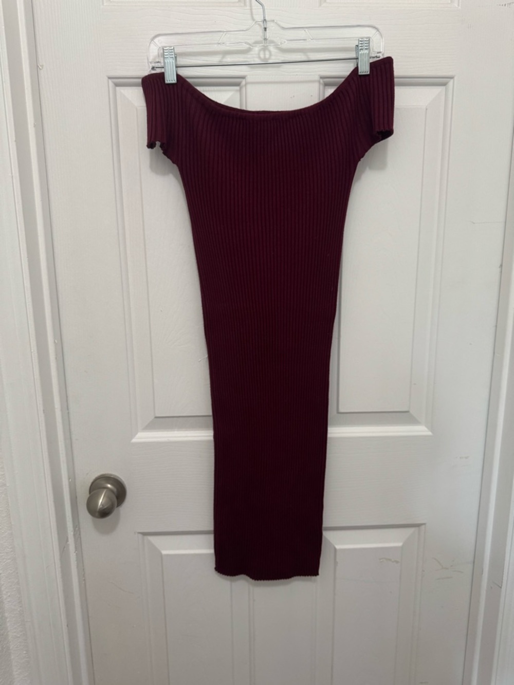 Ambiance Off-Shoulder Ribbed Midi Dress in Burgundy